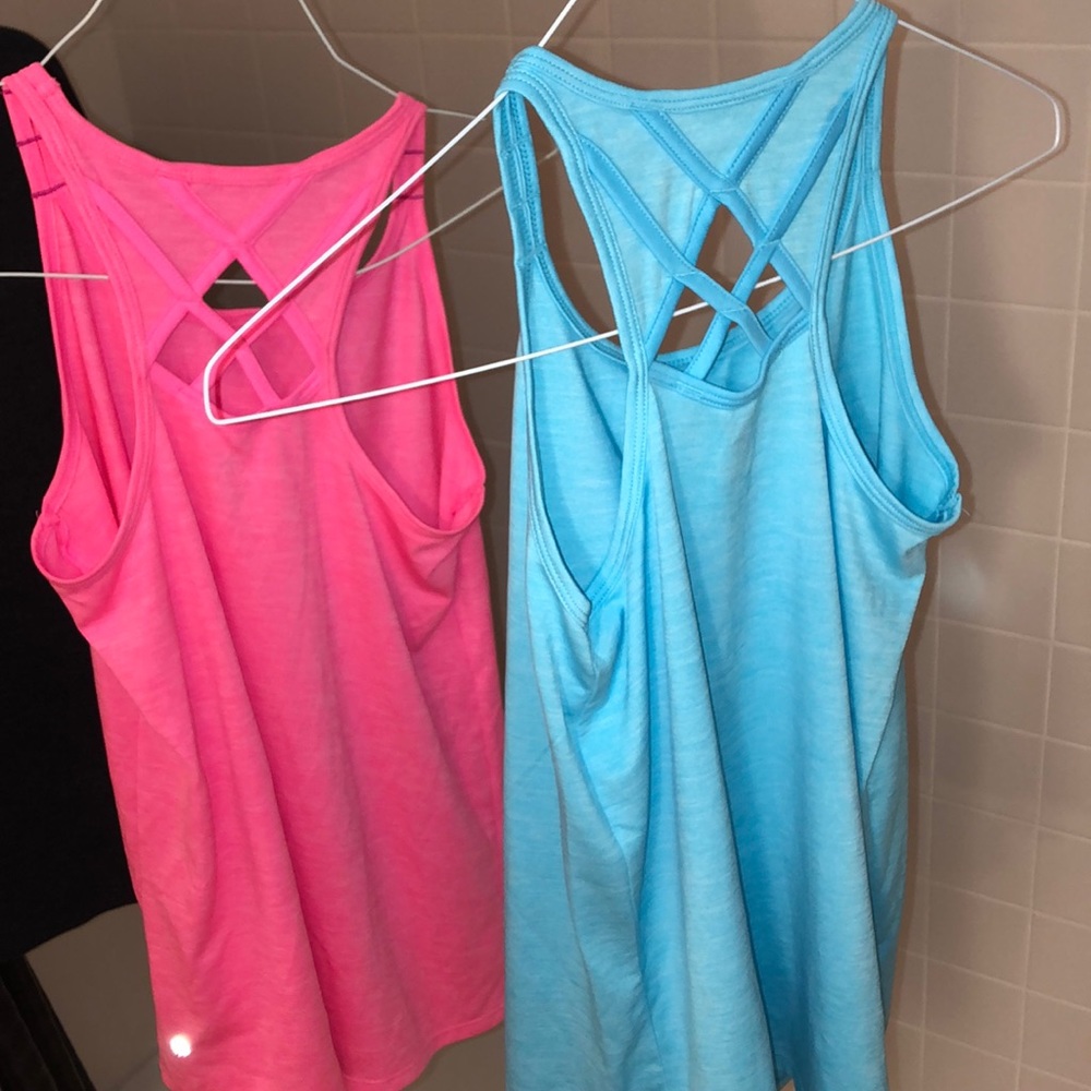 pink and blue athletic tank top